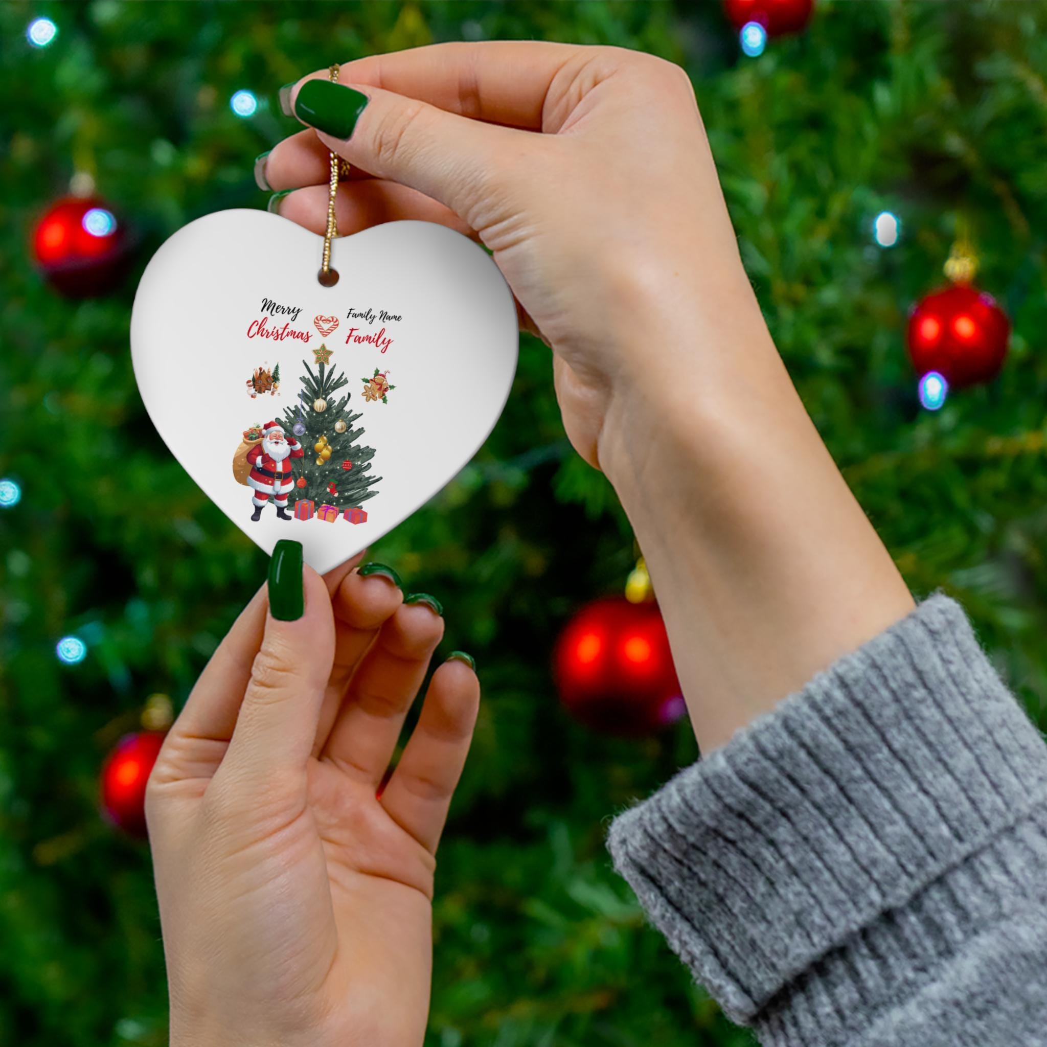 Personalized Santa and Christmas Tree Ceramic Ornament | Round Holiday Decoration
