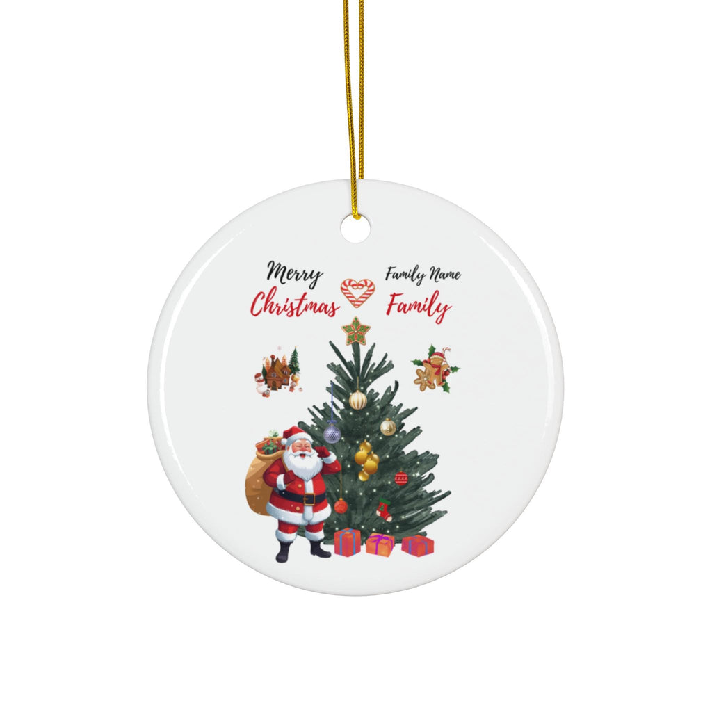 Personalized Santa and Christmas Tree Ceramic Ornament | Round Holiday Decoration