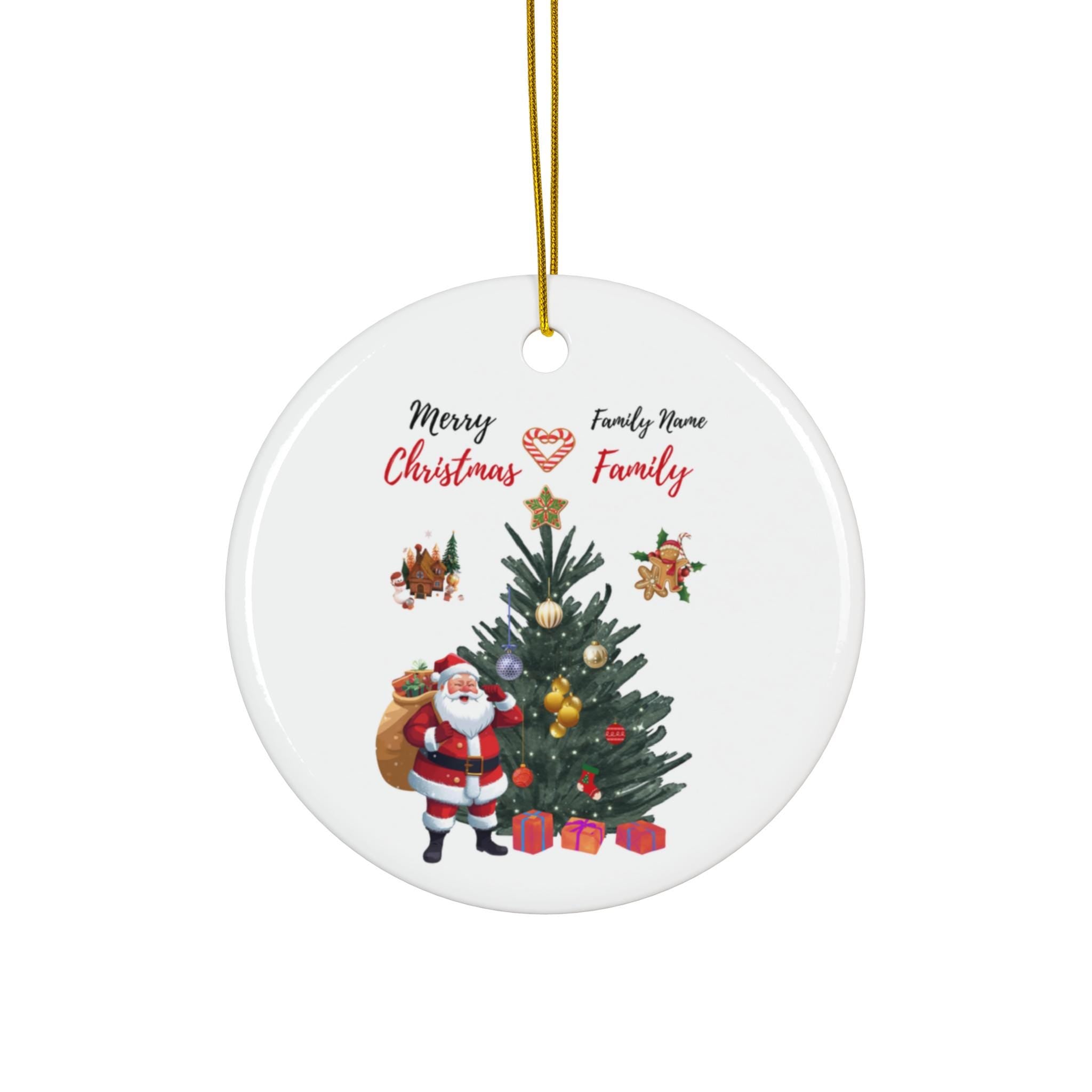 Personalized Santa and Christmas Tree Ceramic Ornament | Round Holiday Decoration