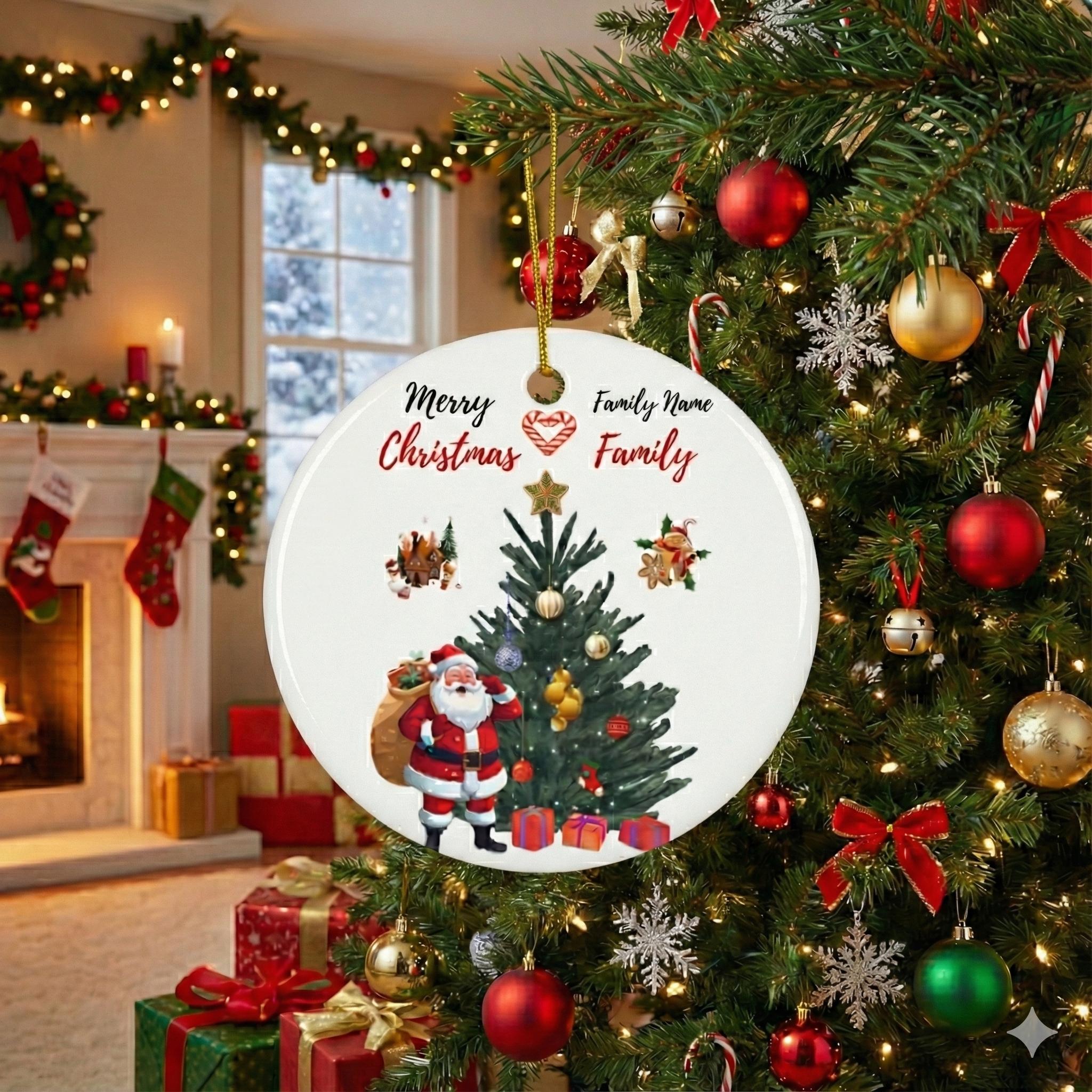 Personalized Santa and Christmas Tree Ceramic Ornament | Round Holiday Decoration