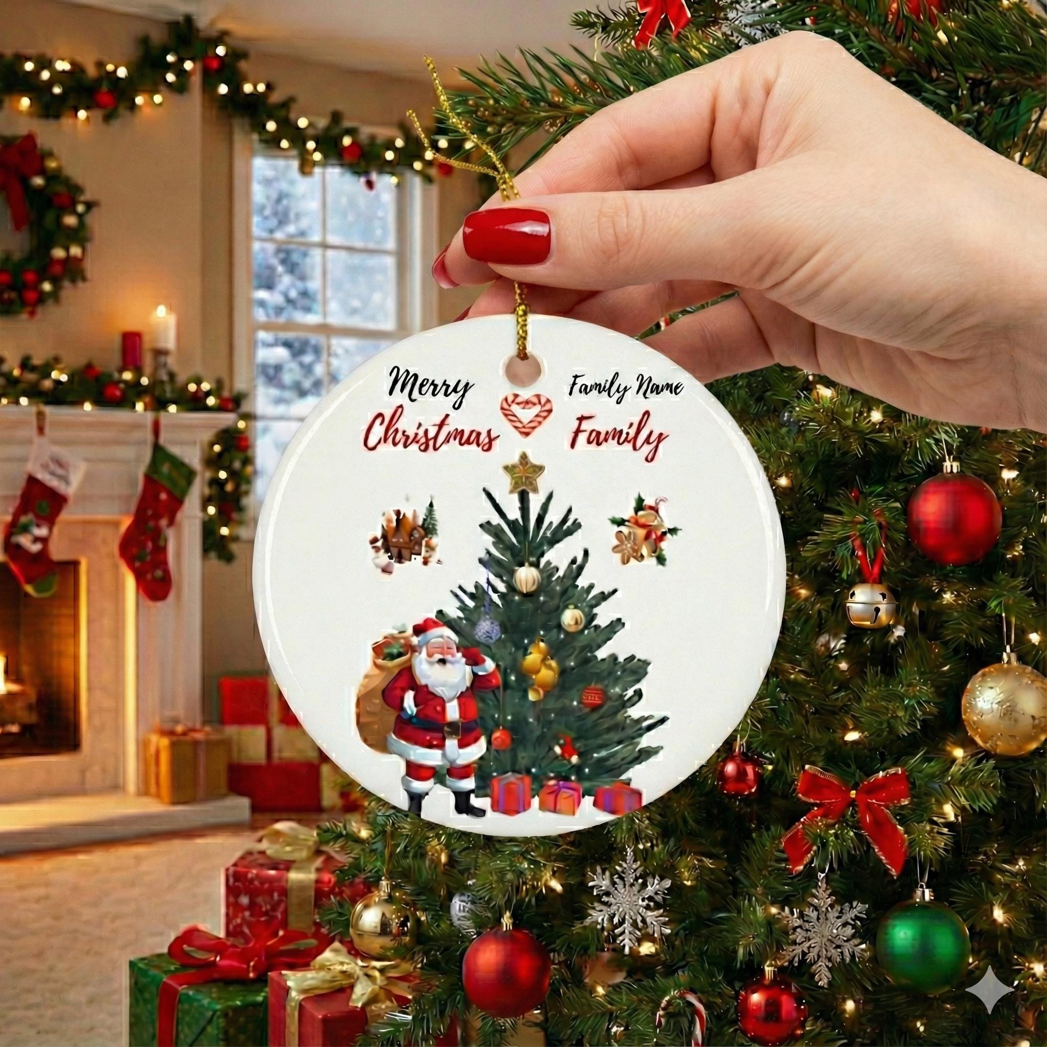 Personalized Santa and Christmas Tree Ceramic Ornament | Round Holiday Decoration