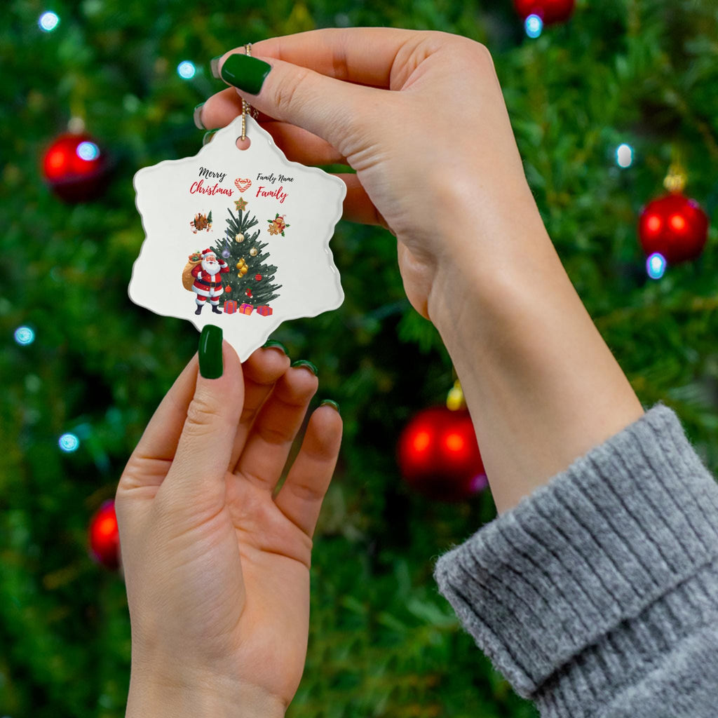Personalized Santa and Christmas Tree Ceramic Ornament | Round Holiday Decoration
