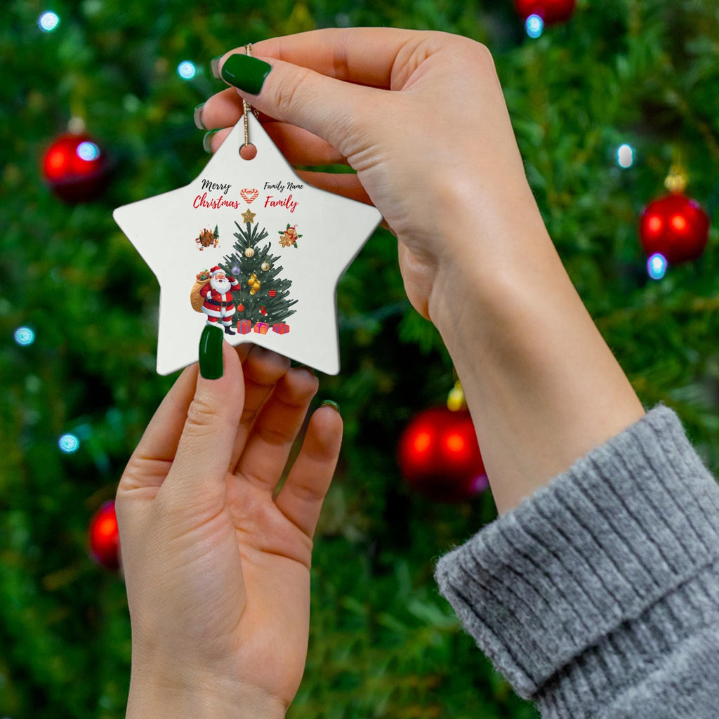 Personalized Santa and Christmas Tree Ceramic Ornament | Round Holiday Decoration