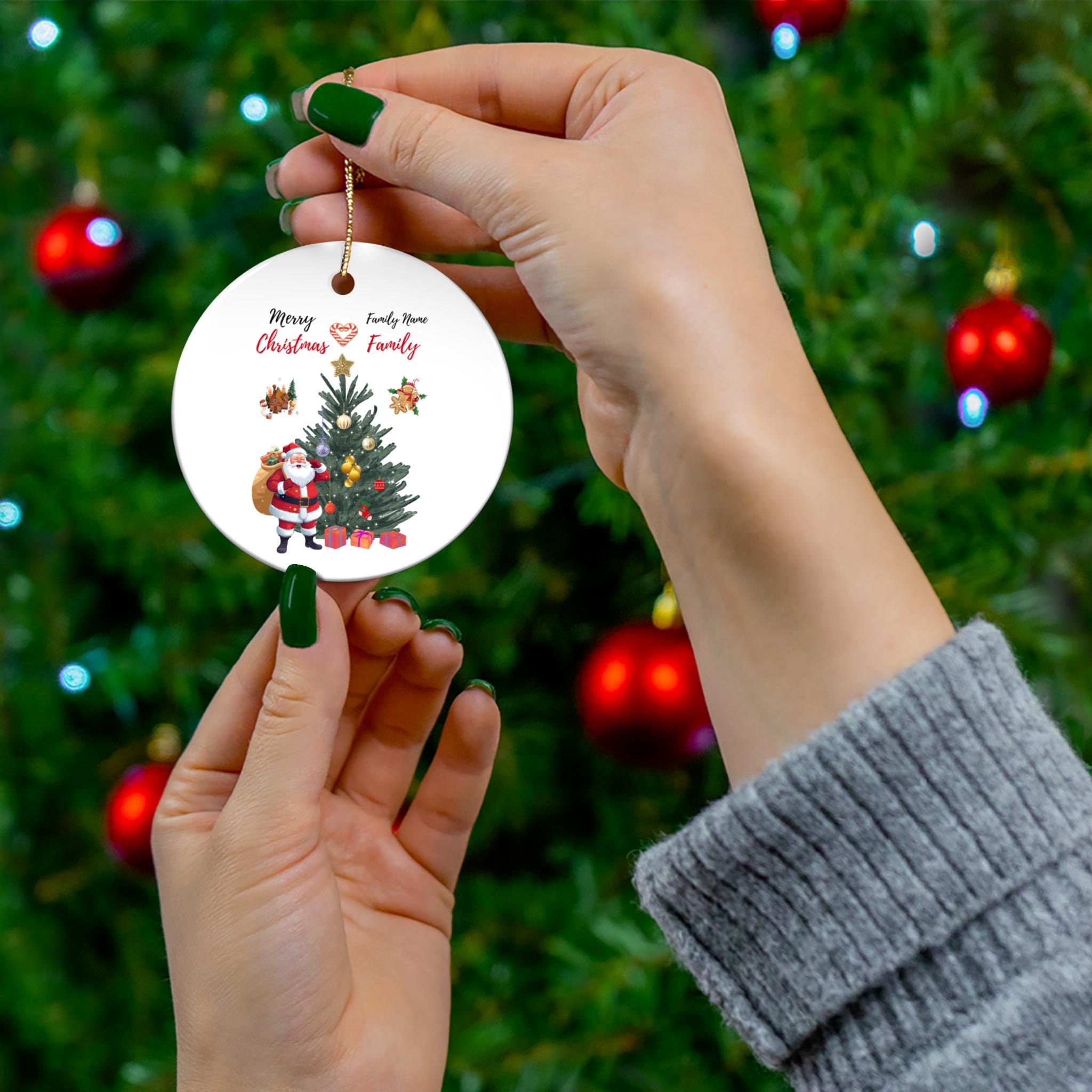 Personalized Santa and Christmas Tree Ceramic Ornament | Round Holiday Decoration