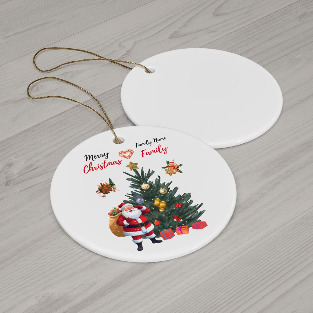 Personalized Santa and Christmas Tree Ceramic Ornament | Round Holiday Decoration